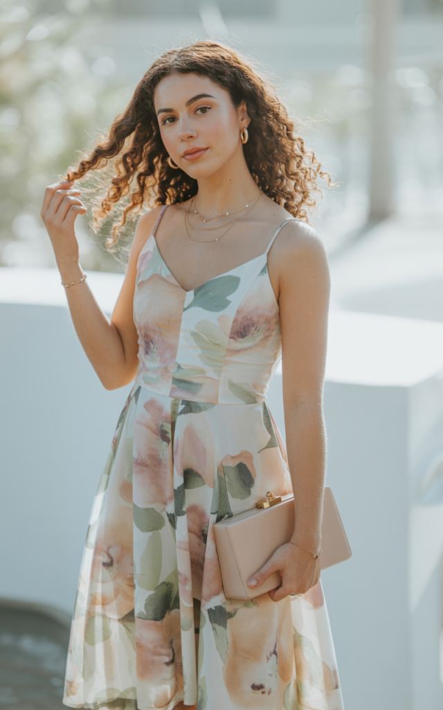 A natural-looking young beautiful woman wearing a dreamy watercolor floral midi dress with neutral heels, delicate jewelry, a small clutch purse, and soft natural curls.