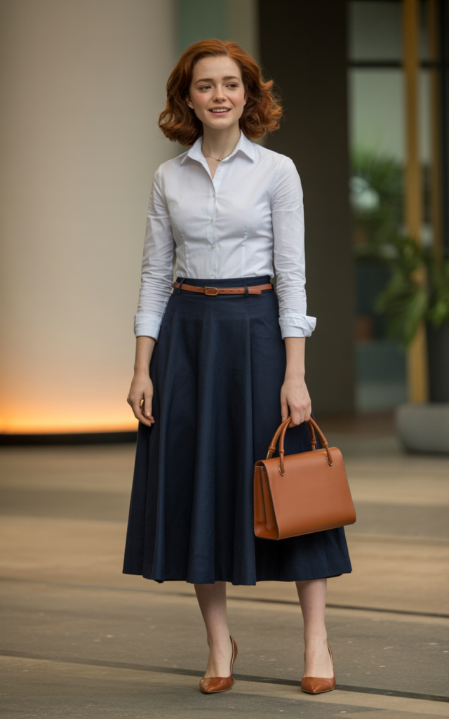 A natural-looking young beautiful woman wearing a crisp button-up shirt tucked into a midi A-line skirt with a slim belt, pointed flats, soft waves hairstyle, and a professional handbag for a timeless career fair outfit.