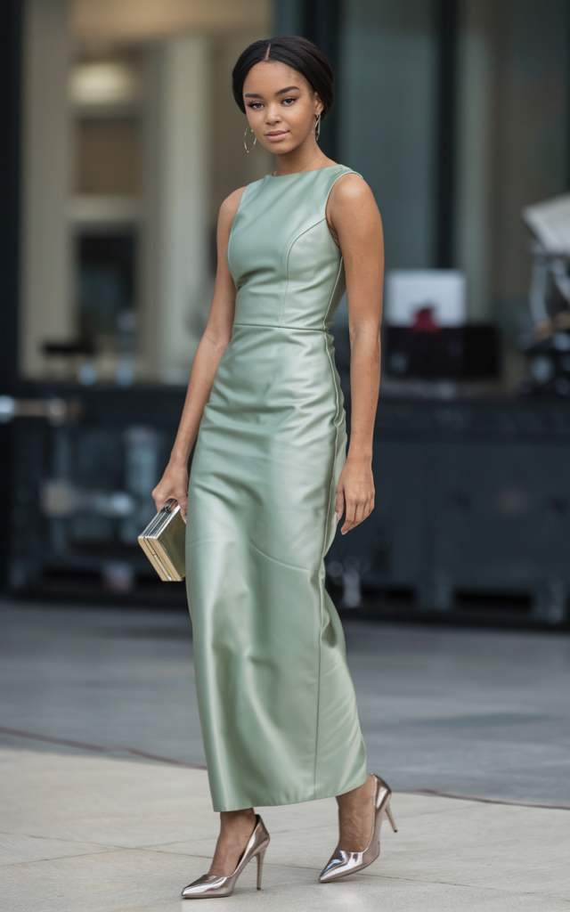 A natural-looking young beautiful woman wearing a sleek sage column dress with metallic heels, a structured clutch, luminous makeup, and hair styled in a low bun.