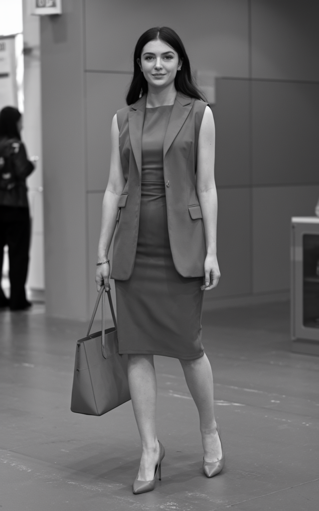 A natural-looking young beautiful woman wearing a fitted sheath dress layered with a sleeveless tailored blazer, kitten heels, minimal jewelry, and carrying a structured tote bag for a contemporary career fair look.