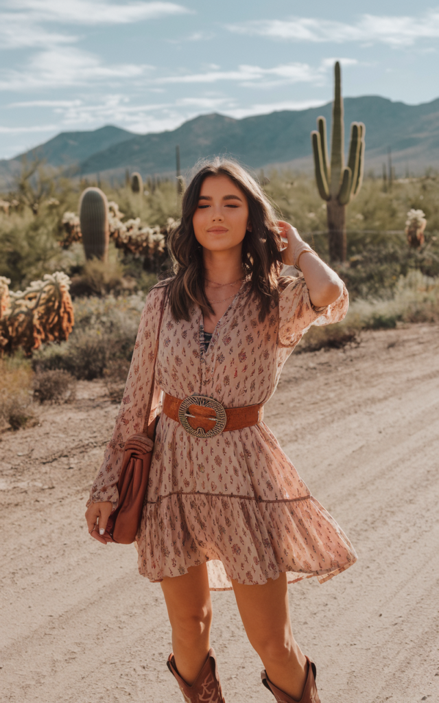 A natural-looking young beautiful woman wearing a breezy flowy mini dress cinched with a bold western statement belt, mid-calf boots, a slouchy shoulder bag, and warm sun-kissed makeup outdoors.