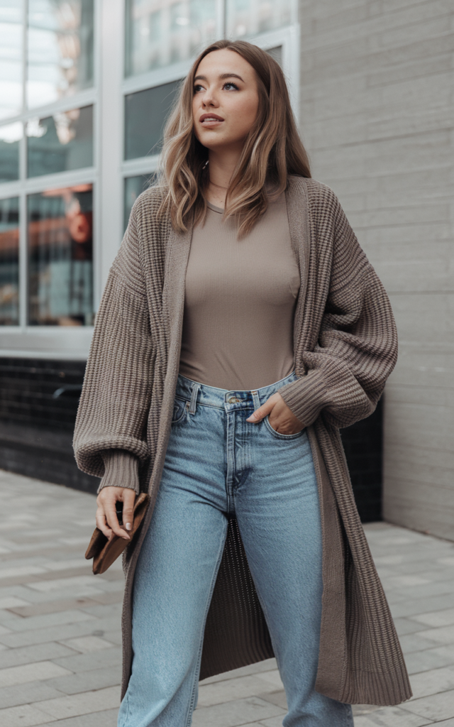 A natural-looking young beautiful woman wearing a long oversized cardigan layered over a fitted tee with relaxed boyfriend jeans, ankle boots, natural waves, and soft everyday makeup, styled for a Lauren Spencer Smith concert.