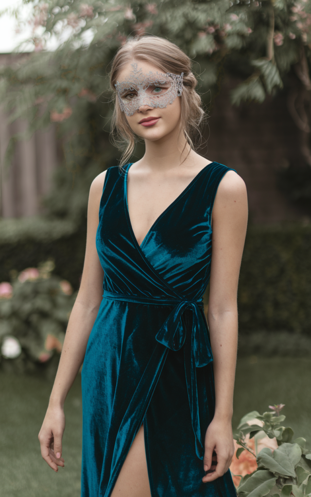 A natural-looking young beautiful woman wearing a deep teal velvet wrap gown with a V-neckline, a delicate lace masquerade mask, heeled sandals, and softly styled hair.