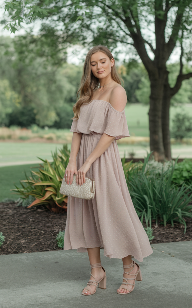 A natural-looking young beautiful woman wearing a flowing off-shoulder chiffon dress with strappy heels, a delicate clutch bag, soft waves, and subtle glowing makeup.