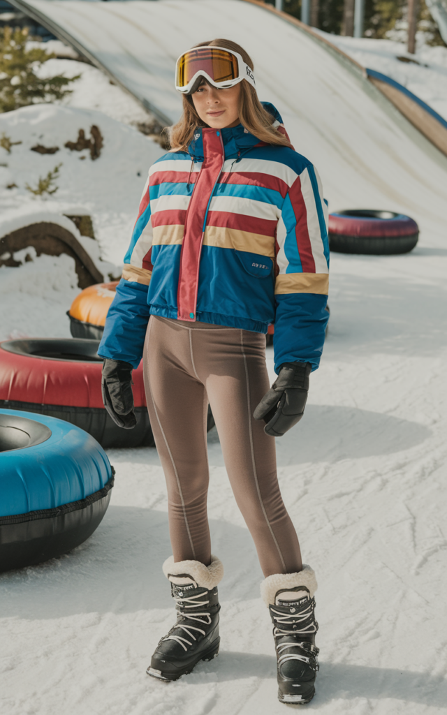 A natural-looking young beautiful woman wearing a retro-style ski jacket with bold colorful stripes paired with high-waisted fleece snow leggings, chunky winter boots, and oversized ski goggles in a snowy tubing park.
