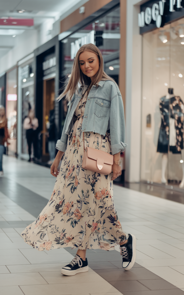 A natural-looking young beautiful woman wearing a flowy floral maxi dress layered with a cropped denim jacket, platform sneakers, a crossbody bag, and soft natural makeup for a breezy stylish mall outfit