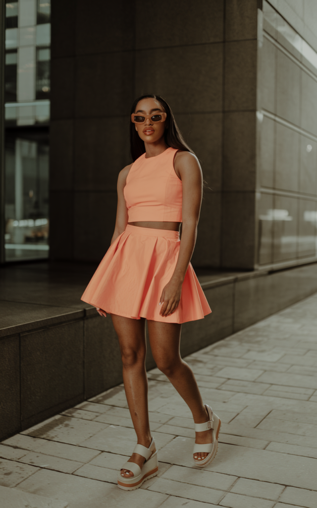 A natural-looking young beautiful woman wearing a bright orange matching skirt set with a cropped top and mini skirt, platform sandals, oversized sunglasses, and glossy lips.