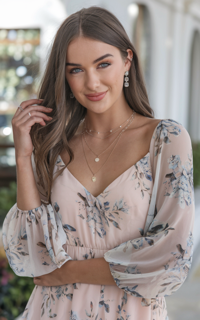 A natural-looking young beautiful woman wearing a soft floral chiffon dress with flowing sleeves, strappy neutral heels, layered delicate necklaces, drop earrings, and romantic waves for a classic spring wedding guest outfit