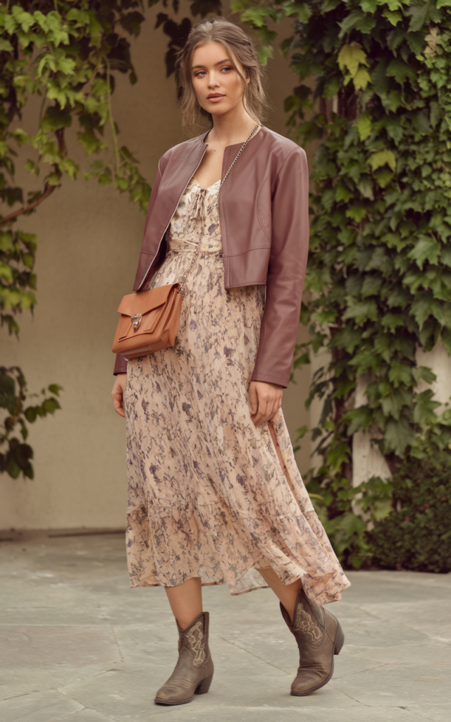 A natural-looking young beautiful woman wearing a flowy floral midi dress layered under a cropped leather jacket, ankle cowboy boots, and a crossbody bag.