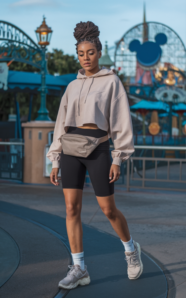 A natural-looking young beautiful woman wearing biker shorts with a lightweight cropped hoodie, clean sneakers, a sleek belt bag, and her hair in a high bun for an early morning Disney park look.