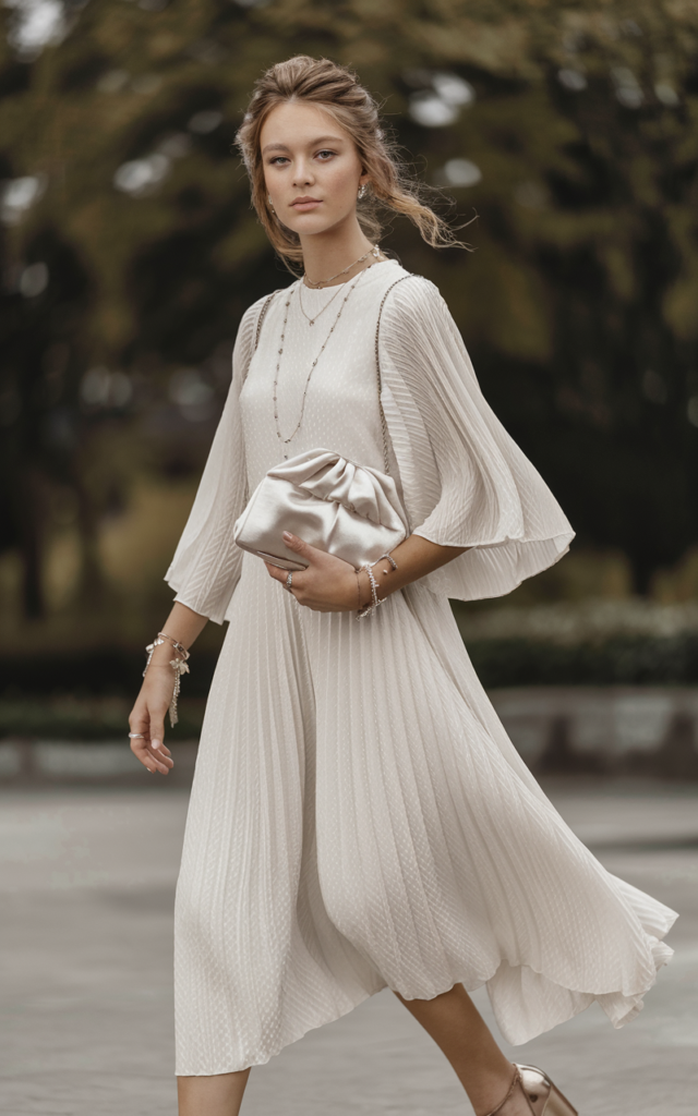 A natural-looking young beautiful woman wearing a white pleated dress with flowing textured fabric, metallic heels, a soft clutch bag, and delicate jewelry, styled with loose waves for an elegant graduation style