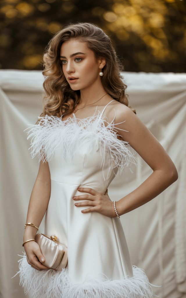 A natural-looking young beautiful woman wearing a glamorous white feather-trim dress with delicate heels, subtle jewelry, and a sleek clutch, styled with elegant waves for a dramatic graduation outfit