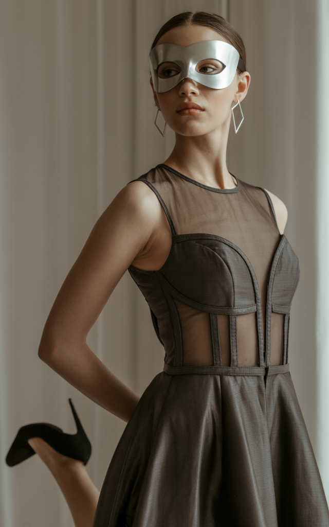 A natural-looking young beautiful woman wearing a charcoal gown with sheer illusion panels and structured tailoring, a minimalist metallic masquerade mask, angular earrings, and sleek stilettos.