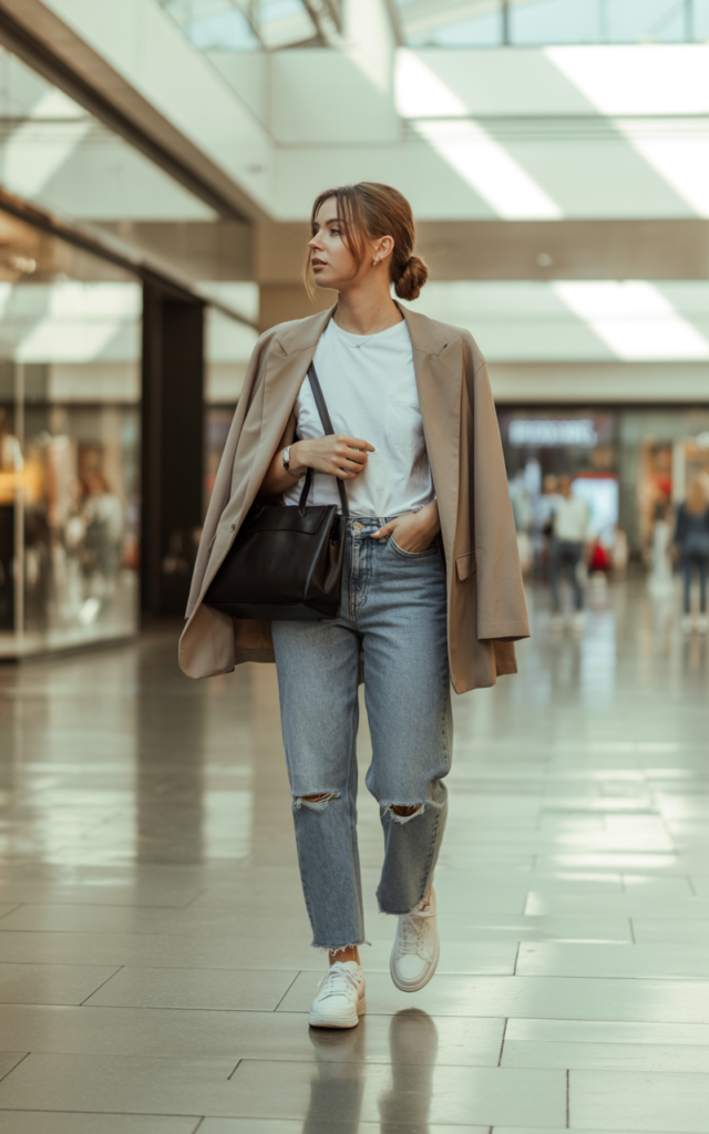 A natural-looking young beautiful woman wearing distressed straight-leg jeans, a classic white tee, a tailored neutral blazer, white sneakers, a sleek shoulder bag, and a loose low bun for an effortlessly cool mall outfit
