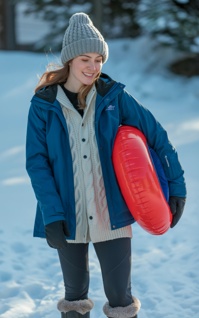 A natural-looking young beautiful woman wearing a chunky knit cardigan layered under a waterproof ski jacket with thermal leggings, snow boots, and a cozy knit hat while holding a snow tube.