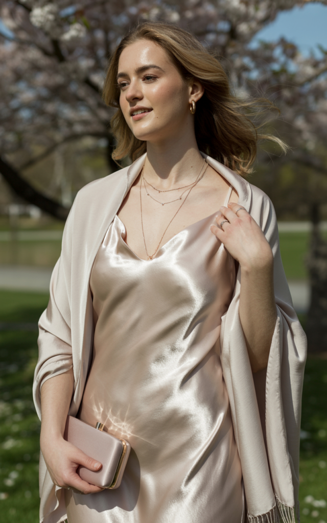 A natural-looking young beautiful woman wearing a champagne silk slip dress with metallic heels, a satin clutch bag, delicate jewelry, and a lightweight shawl draped over her shoulders for an elegant spring wedding guest look