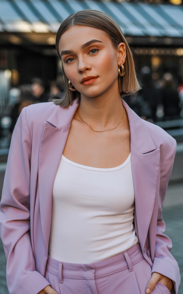 A natural-looking young beautiful woman wearing a soft lavender pastel suit with a simple white tank underneath, pointed flats, sleek hair, minimal gold jewelry, and fresh dewy makeup, styled for a Lauren Spencer Smith concert.