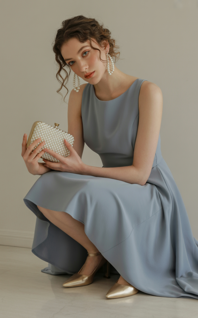 A natural-looking young beautiful woman wearing a powder blue A-line dress with pearl drop earrings, a pearl-handled clutch, champagne pumps, and loose romantic curls.