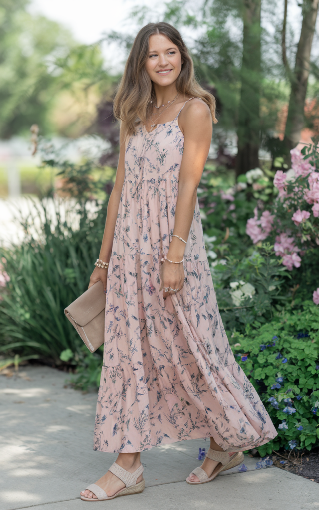 A natural-looking young beautiful woman wearing a tiered floral maxi dress with neutral sandals, delicate jewelry, a soft clutch, and relaxed wavy hair.