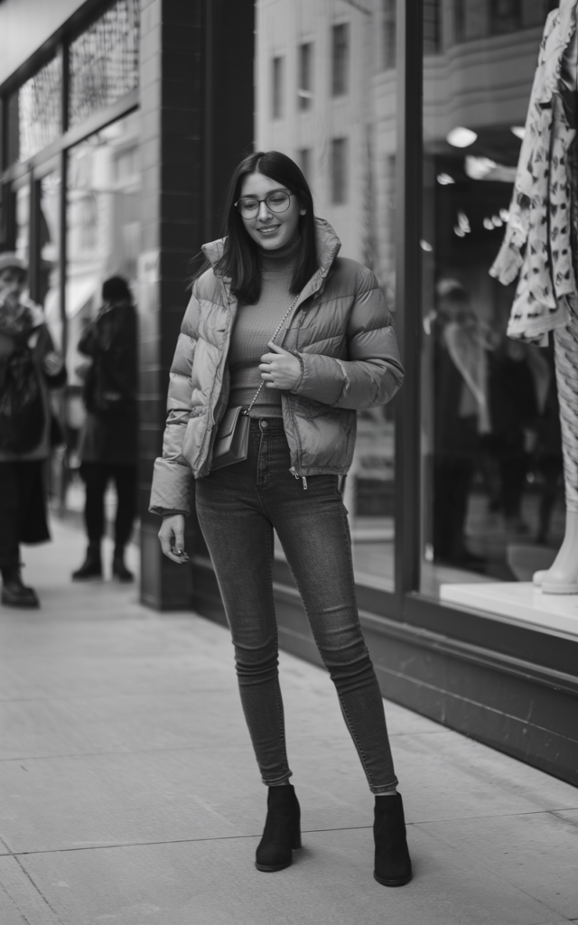 A natural-looking young beautiful woman wearing skinny jeans, a fitted turtleneck sweater, a cropped puffer jacket, ankle boots, and a small crossbody bag for a stylish winter mall outfit
