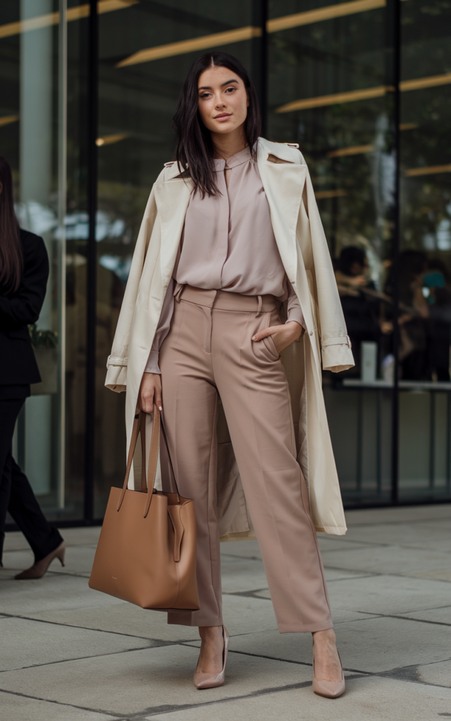 A natural-looking young beautiful woman wearing a blouse with tailored trousers layered under a classic beige trench coat, neutral heels, and carrying a structured tote bag for a sophisticated career fair outfit.