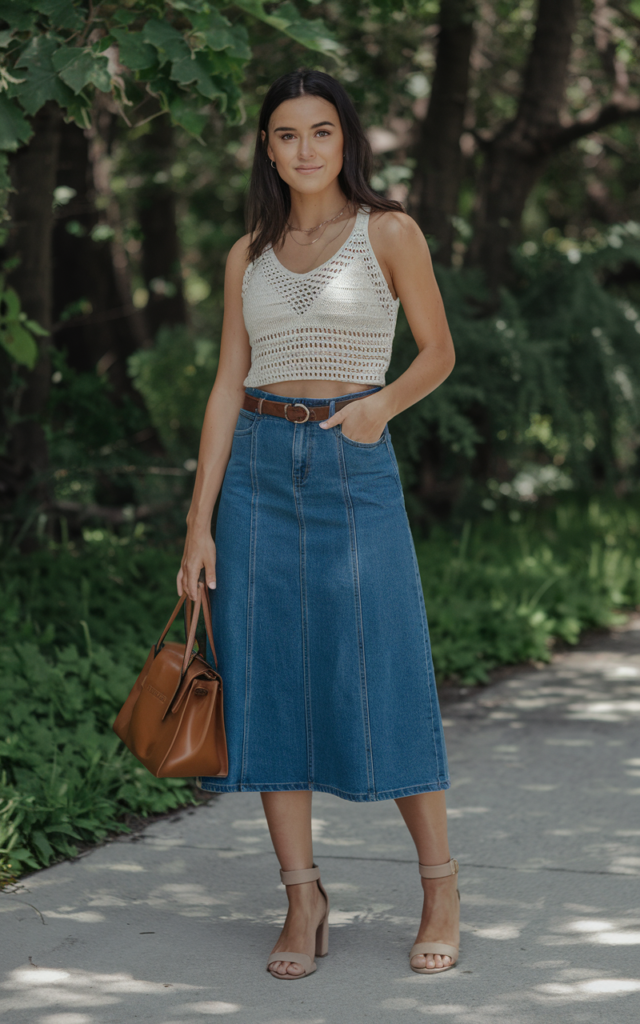 A natural-looking young beautiful woman wearing a crochet tank tucked into a denim midi skirt with a slim belt, ankle-strap sandals, and a structured handbag.