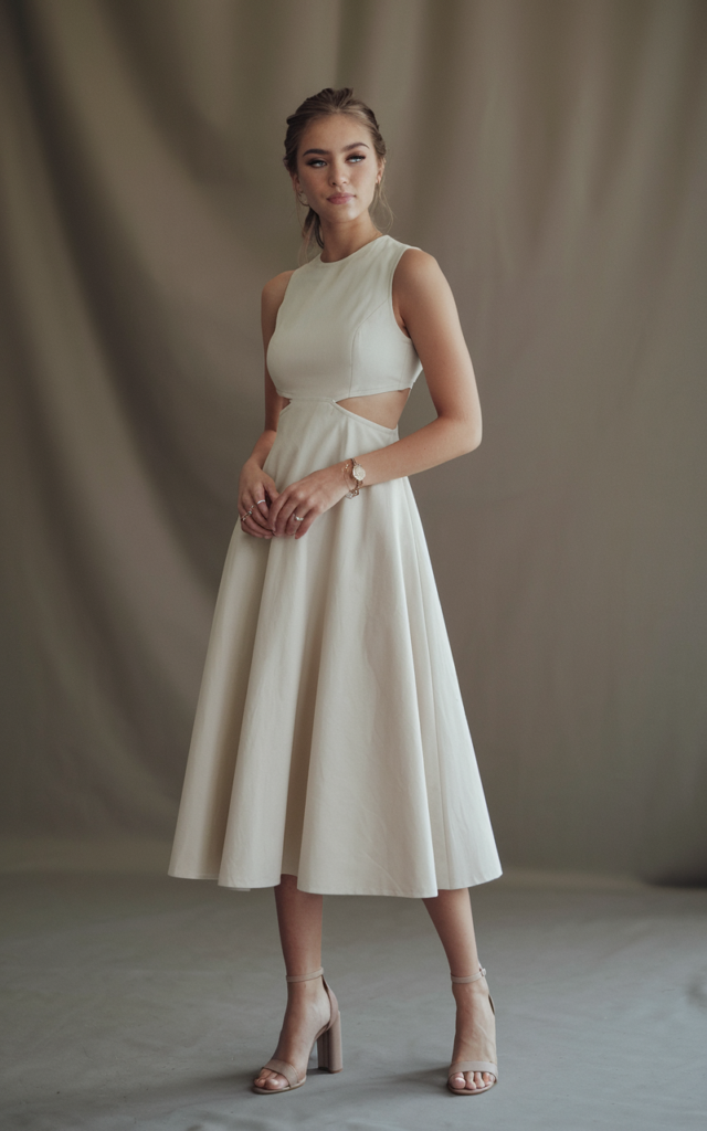 A natural-looking young beautiful woman wearing a modern cut-out dress with neutral heels, understated jewelry, clean minimal makeup, and softly styled hair.