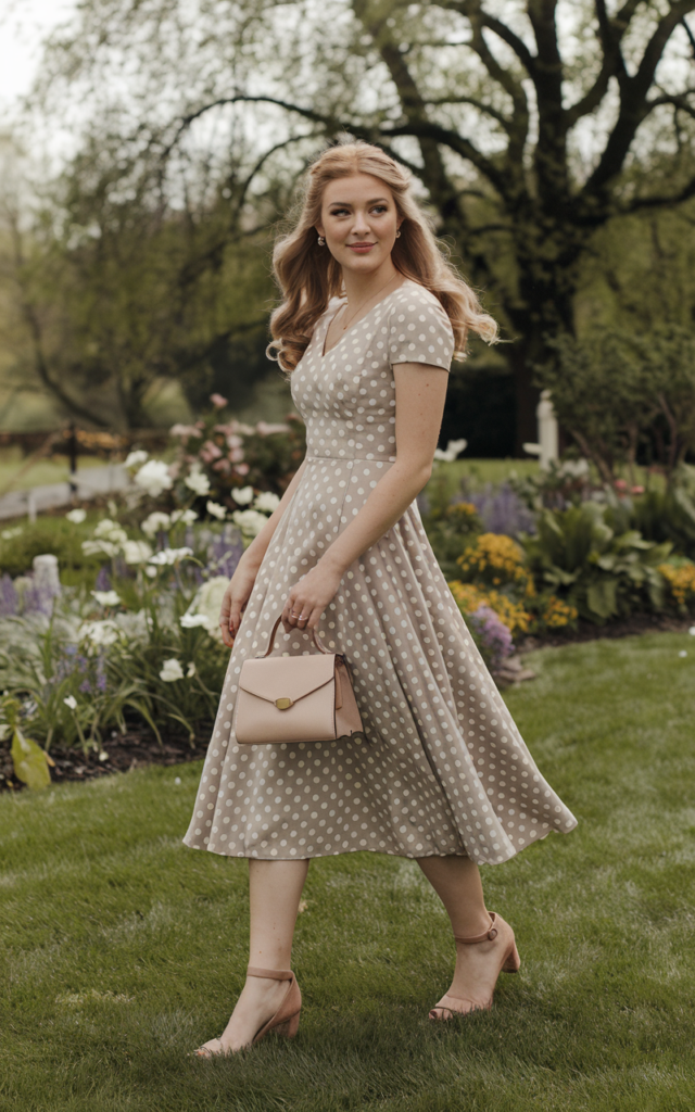 A natural-looking young beautiful woman wearing a vintage-inspired polka dot midi dress paired with retro-style heels, a top-handle handbag, soft curls, and subtle jewelry for a charming spring wedding guest outfit