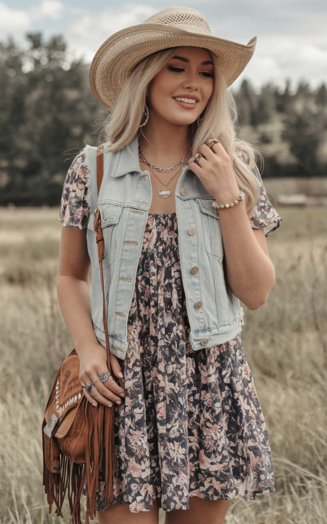 A natural-looking young beautiful woman wearing a breezy floral sundress layered with a cropped denim vest paired with cowboy boots, a fringe bag, and soft natural waves for a summer country concert outfit
