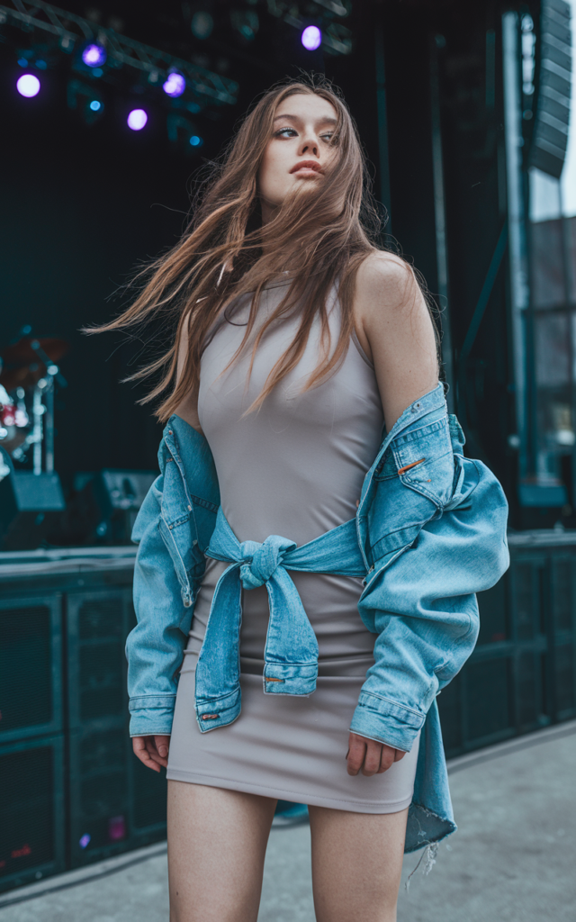 A natural-looking young beautiful woman wearing a fitted mini dress layered with a cropped denim shirt tied at the waist, platform sneakers, loose hair, and glowing makeup, styled for a Lauren Spencer Smith concert.