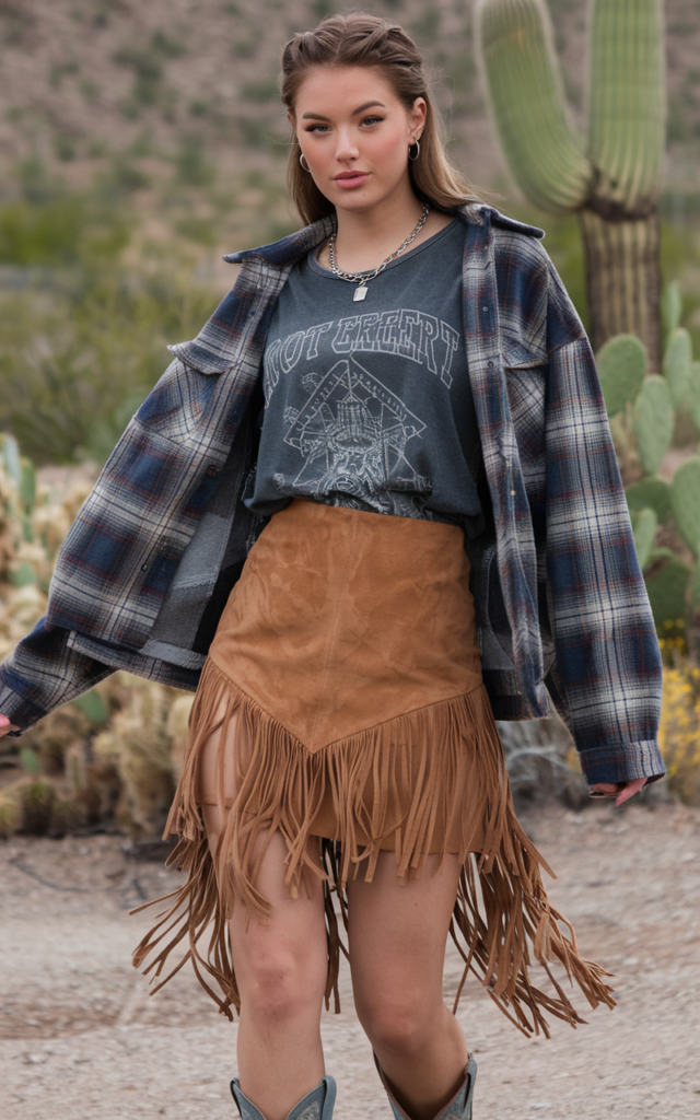 A natural-looking young beautiful woman wearing a suede fringe skirt with a tucked-in graphic tank top, cowboy boots, and a confident playful vibe.