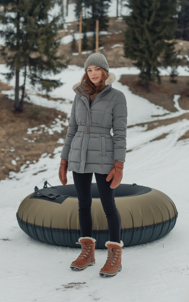 A natural-looking young beautiful woman wearing a belted puffer coat with slim snow pants, insulated snow boots, leather gloves, and a knit winter hat standing beside a snow tube on a snowy hill.