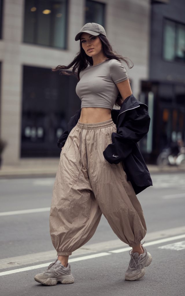 A natural-looking young beautiful woman wearing a fitted crop top, beige parachute pants, chunky sneakers, a baseball cap, and relaxed streetwear styling.