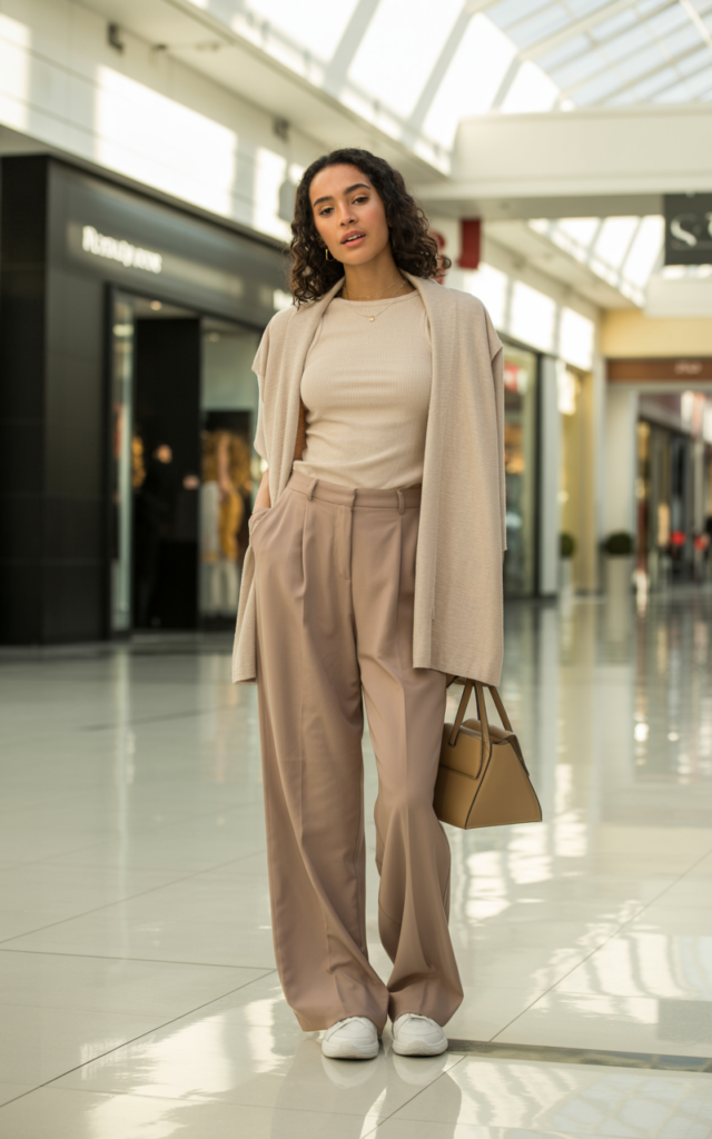 A natural-looking young beautiful woman wearing monochrome beige wide-leg trousers with a fitted knit top and matching cardigan layered on top, neutral sneakers, and a structured handbag for a sophisticated mall outfit