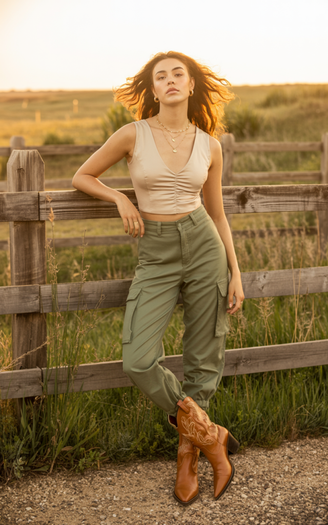A natural-looking young beautiful woman wearing high-waisted cargo pants with a fitted Western blouse, pointed cowboy boots, and delicate jewelry.