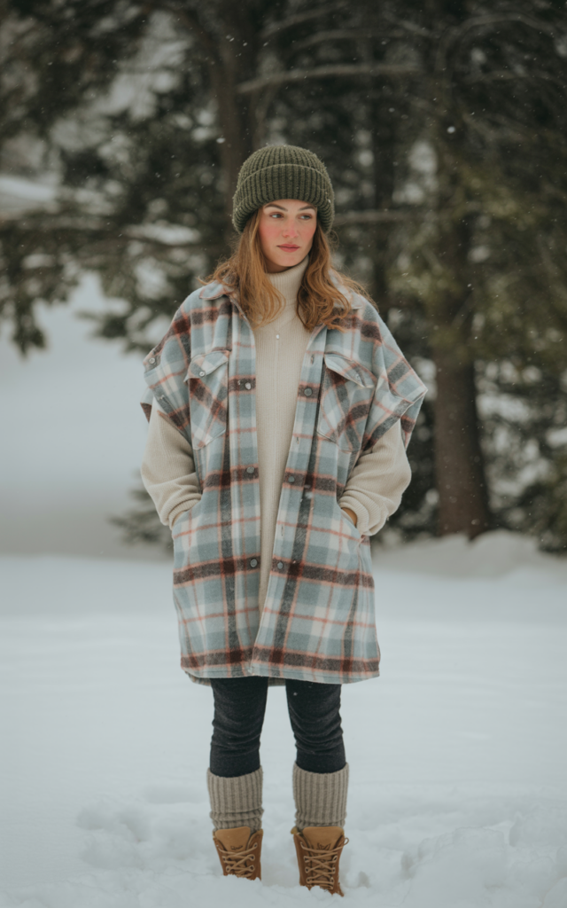 A natural-looking young beautiful woman wearing a plaid shacket layered over a thermal long-sleeve shirt with insulated leggings, wool socks, sturdy winter boots, and a knit hat in a snowy outdoor setting.