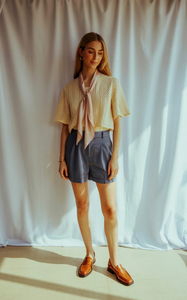 A natural-looking young beautiful woman wearing a crochet blouse paired with tailored shorts, a silk scarf tied at the neck, elegant loafers, and minimal jewelry.