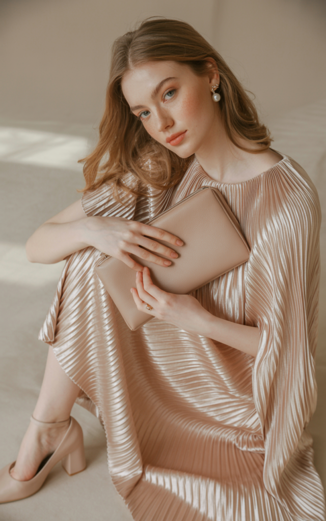 A natural-looking young beautiful woman wearing a lightweight pleated midi dress in a soft metallic pastel tone, block heels, pearl stud earrings, and carrying a sleek clutch.