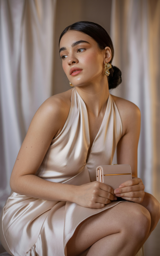 A natural-looking young beautiful woman wearing a halter neck satin dress with statement earrings, minimalist heels, a small clutch bag, and a sleek low bun hairstyle.