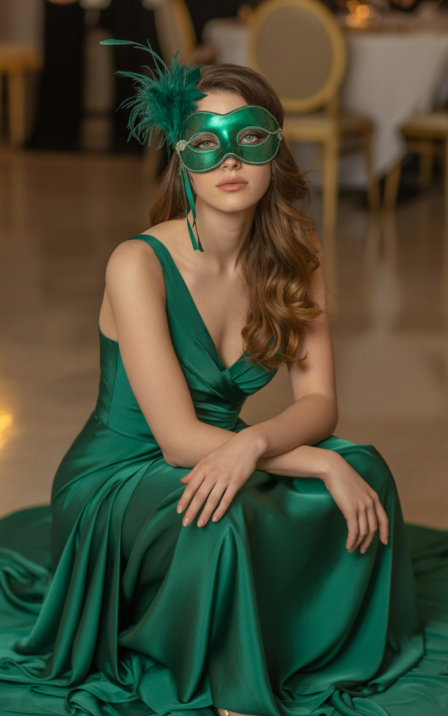 A natural-looking young beautiful woman wearing a monochrome emerald floor-length gown with a matching emerald masquerade mask, coordinating heels, and subtle emerald-toned makeup accents.
