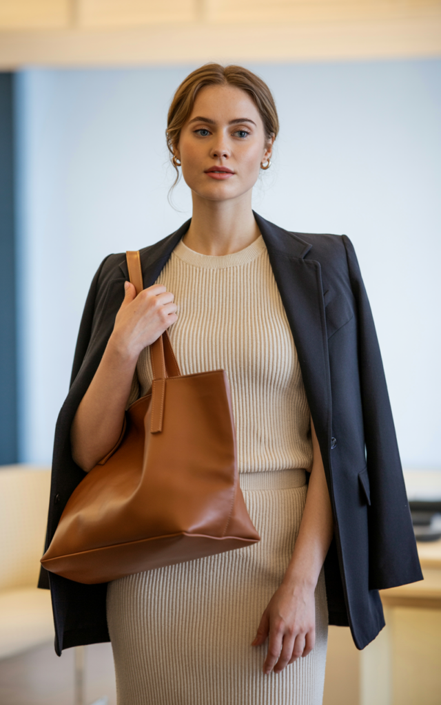 A natural-looking young beautiful woman wearing a matching knit set with a fitted knit top and coordinating midi skirt, loafers, a tailored blazer layered over it, and a professional tote bag for a modern career fair outfit.