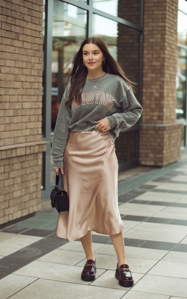 A natural-looking young beautiful woman wearing a silky satin midi skirt paired with a relaxed graphic sweatshirt, platform loafers, a mini handbag, and soft natural waves for a trendy texture-mix mall outfit