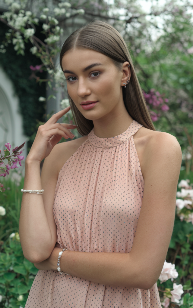 A natural-looking young beautiful woman wearing a halter-neck spring dress with minimal stud earrings, a delicate bracelet, sleek straight hair tucked behind her ears, and subtle glowing makeup.