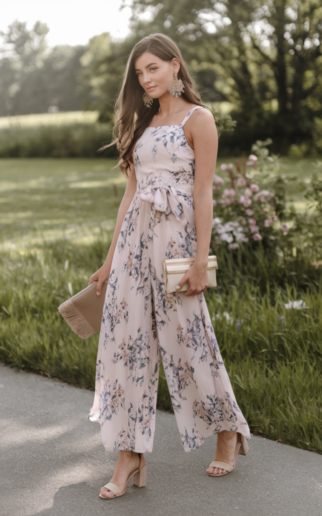 A natural-looking young beautiful woman wearing a floral wide-leg jumpsuit with a defined waist, heeled sandals, bold statement earrings, and a stylish clutch bag for a comfortable yet elegant spring wedding guest outfit