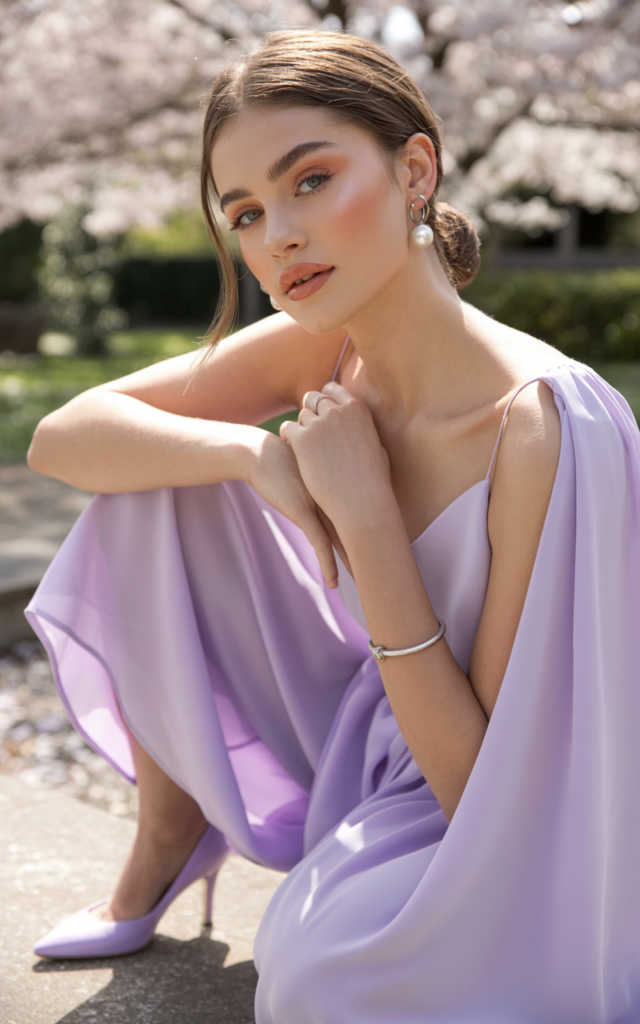 A natural-looking young beautiful woman wearing a monochrome pastel lavender outfit consisting of a dress with matching heels and coordinated accessories, glowing makeup, and sleek hair for a chic spring wedding guest style