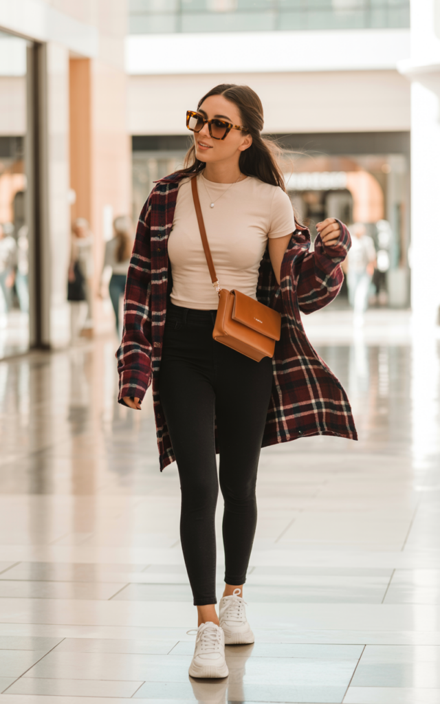 A natural-looking young beautiful woman wearing black leggings, a fitted tee, an oversized plaid shacket layered on top, chunky sneakers, statement sunglasses, and a crossbody bag for a cozy casual mall outfit