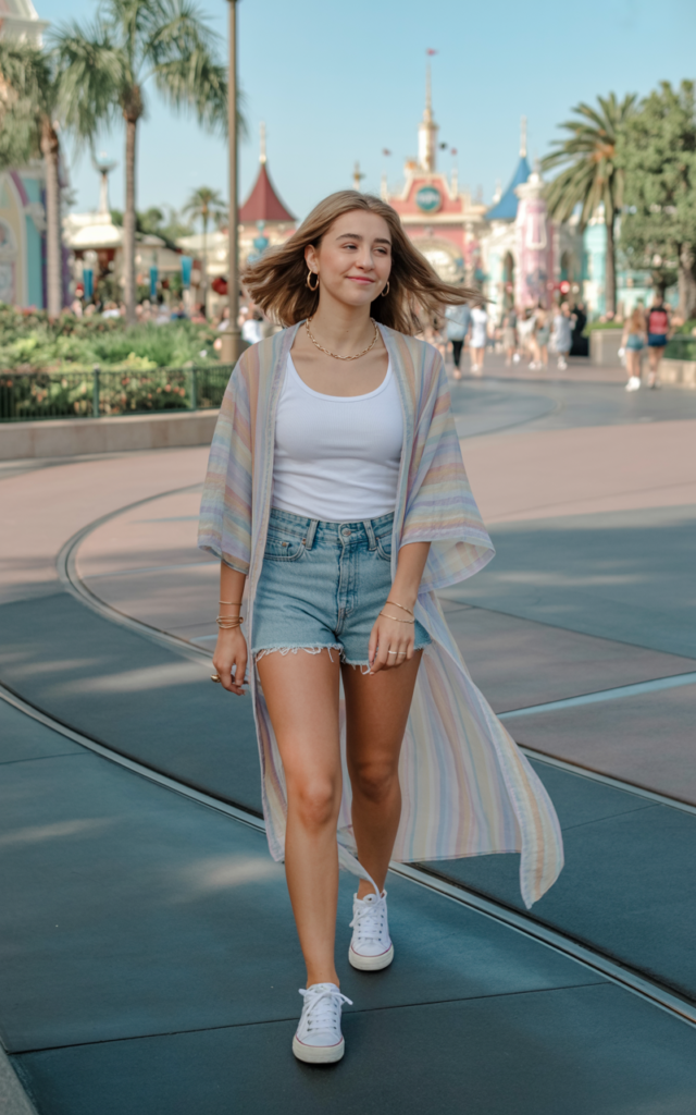 A natural-looking young beautiful woman wearing a sheer lightweight kimono layered over a simple tank top and classic shorts, neutral sneakers, soft beachy waves, and subtle jewelry at Disney.