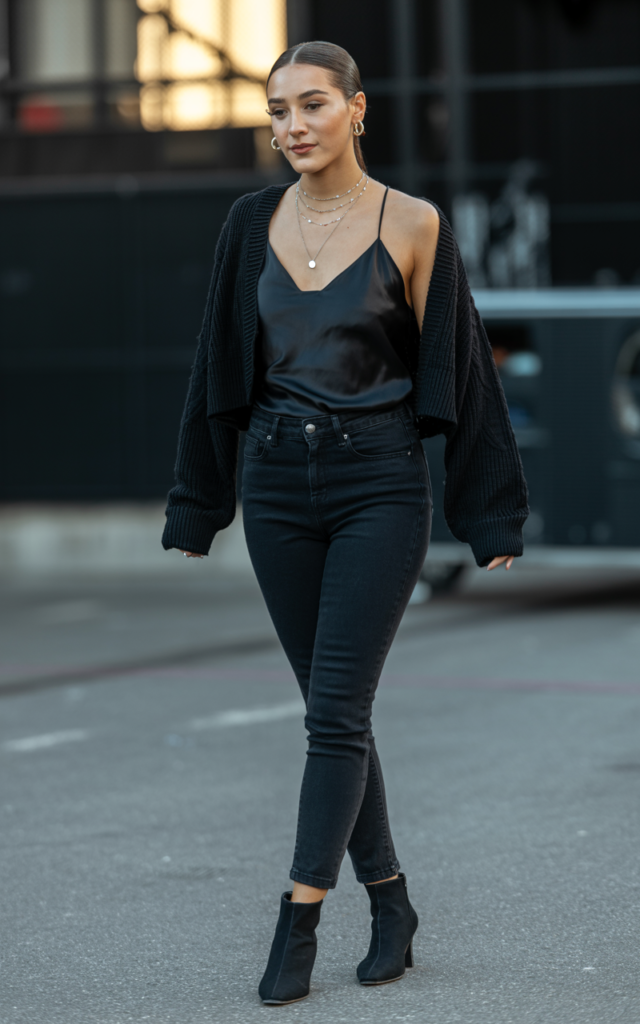 A natural-looking young beautiful woman wearing an all-black outfit with black denim jeans, a silky cami, a cropped knit cardigan, silver jewelry, sleek ankle boots, and straight glossy hair, styled for a Lauren Spencer Smith concert.