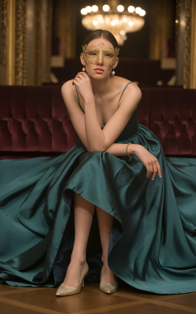 A natural-looking young beautiful woman wearing a dramatic floor-length gown with a flowing train, a lightweight delicate masquerade mask, minimal jewelry, and elegant heels.