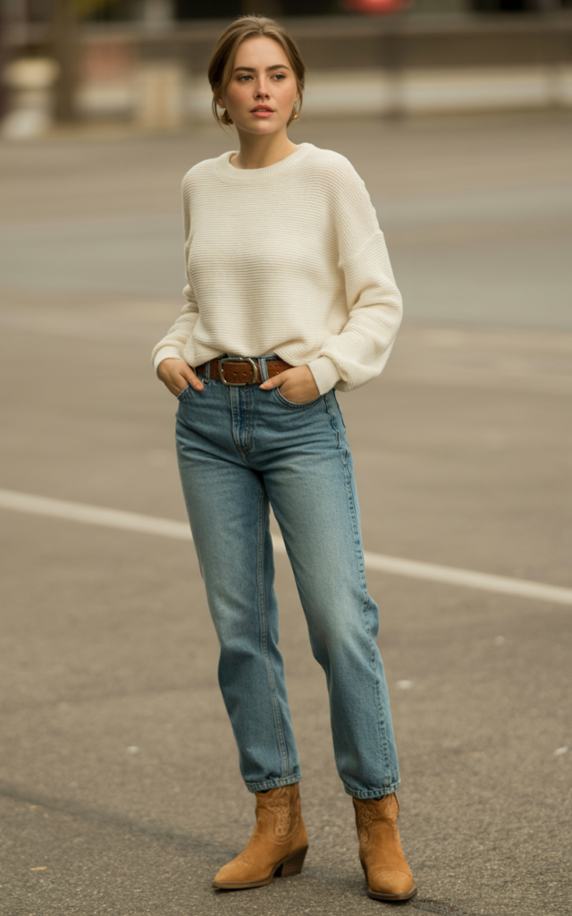 A natural-looking young beautiful woman wearing a lightweight knit sweater in a soft neutral shade front-tucked into straight-leg jeans, a leather belt, and ankle cowboy boots.